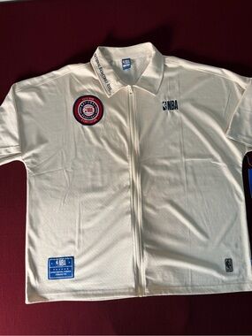 NBA Cream Lightweight Full Zip Short Sleeve Collared Shirt w/ Logos